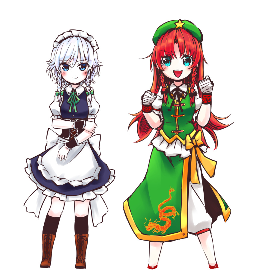 &gt;:d 2girls :d apron arm_garter bandaged_hands beret black_bow black_legwear black_ribbon blue_dress blue_eyes blush boots bow braid brown_boots chibi chinese_clothes clenched_hands cross-laced_footwear dress green_bow green_ribbon hat highres hong_meiling izayoi_sakuya lace-up_boots long_hair looking_at_viewer maid_headdress mappe_(778exceed) multiple_girls neck_ribbon open_mouth puffy_short_sleeves puffy_sleeves redhead ribbon short_hair short_sleeves side_slit silver_hair smile socks star touhou twin_braids waist_apron wrist_cuffs