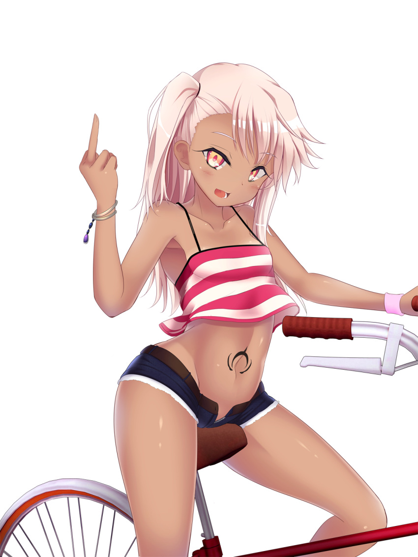 1girl bicycle bracelet brown_eyes camisole chloe_von_einzbern collarbone dark_skin denim denim_shorts fate/kaleid_liner_prisma_illya fate_(series) groin ground_vehicle highres jewelry long_hair middle_finger midriff navel no_panties open_clothes open_mouth open_shorts pink_hair riding short_shorts shorts side_ponytail sitting smile solo spisanji unbuttoned unzipped