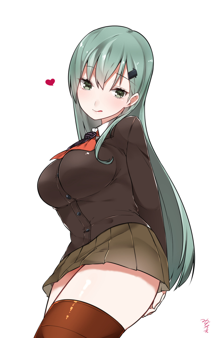 1girl adapted_costume aqua_eyes aqua_hair artist_name breasts brown_legwear brown_skirt buttons covering covering_ass eyebrows eyebrows_visible_through_hair from_side hair_ornament hairclip heart highres jacket kantai_collection large_breasts long_hair long_sleeves looking_at_viewer mitsudoue pencil_skirt pleated_skirt signature simple_background skirt solo suzuya_(kantai_collection) thigh-highs white_background zettai_ryouiki