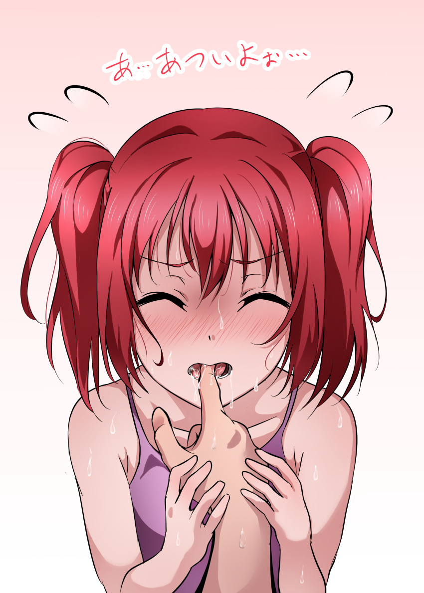 absurdres bare_shoulders blush camisole closed_eyes finger_in_another's_mouth hand_grab highres kurosawa_ruby love_live! love_live!_sunshine!! open_mouth redhead solo_focus sweat two_side_up yuuki_(nijiiro_palette)