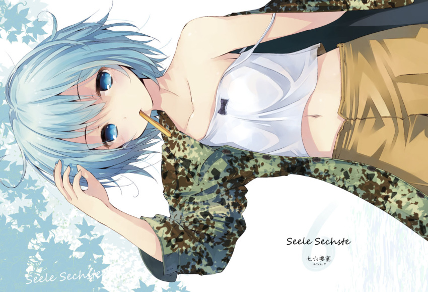 1girl 2016 arm_up artist_name blue_eyes blue_hair bow buttons camisole camouflage coat collarbone crop_top dated flat_chest leaf leaf_background looking_at_viewer messy_hair midriff mouth_hold nanaroku_(fortress76) navel off_shoulder original pants short_hair sideways solo strap_slip