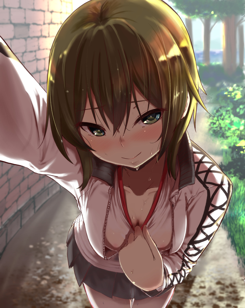 1girl black_skirt blush breasts brown_hair caesar8149 cleavage closed_mouth collar_tug collarbone cowboy_shot day downblouse grey_eyes gym_shirt hayasui_(kantai_collection) head_tilt highres jacket kantai_collection looking_at_viewer medium_breasts outdoors outstretched_arm pleated_skirt pulled_by_self shirt shirt_pull skirt smile solo standing sweat sweating track_jacket tree wet_clothes white_shirt