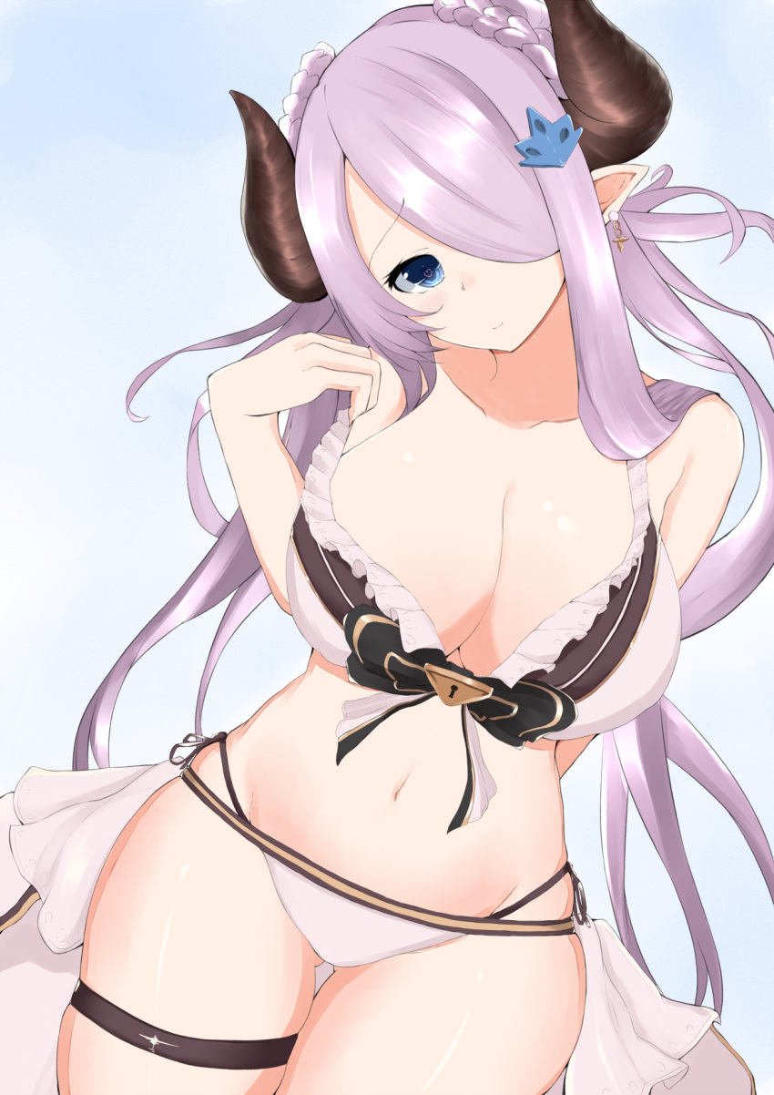 1girl alternate_costume alternate_hairstyle arm_behind_back ass_visible_through_thighs bare_arms bare_shoulders bikini blue_eyes braid breasts cleavage collarbone demon_horns doraf double_bun earrings granblue_fantasy hair_ornament hair_over_one_eye hair_over_shoulder hand_on_own_chest heart heart-shaped_pupils highleg_bikini highres horns jewelry large_breasts lavender_hair lock long_hair looking_at_viewer midriff narumeia_(granblue_fantasy) navel pointy_ears side-tie_bikini smile strap_pull swimsuit symbol-shaped_pupils thigh_strap thighs twin_braids twintails white_bikini yutarahha