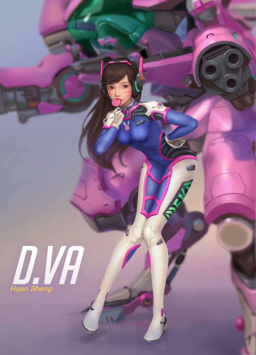 1girl absurdres artist_name bangs bent_over bodysuit breasts brown_eyes brown_hair candy character_name d.va_(overwatch) facepaint facial_mark full_body gloves hand_on_hip headphones highres huan_sheng knees_together_feet_apart leaning_forward lollipop long_hair looking_at_viewer medium_breasts meka_(overwatch) overwatch pilot_suit signature skin_tight solo swept_bangs whisker_markings white_gloves