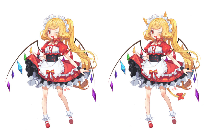 1girl ;d alternate_costume animal_ears apron blonde_hair bobby_socks bow cat_ears cat_tail choker crystal dress fang flandre_scarlet kemonomimi_mode long_hair looking_at_viewer maid maid_headdress mio-muo1206 one_eye_closed open_mouth puffy_short_sleeves puffy_sleeves red_eyes short_sleeves side_ponytail simple_background smile socks solo tail tail_bow touhou white_background white_legwear wings wrist_cuffs