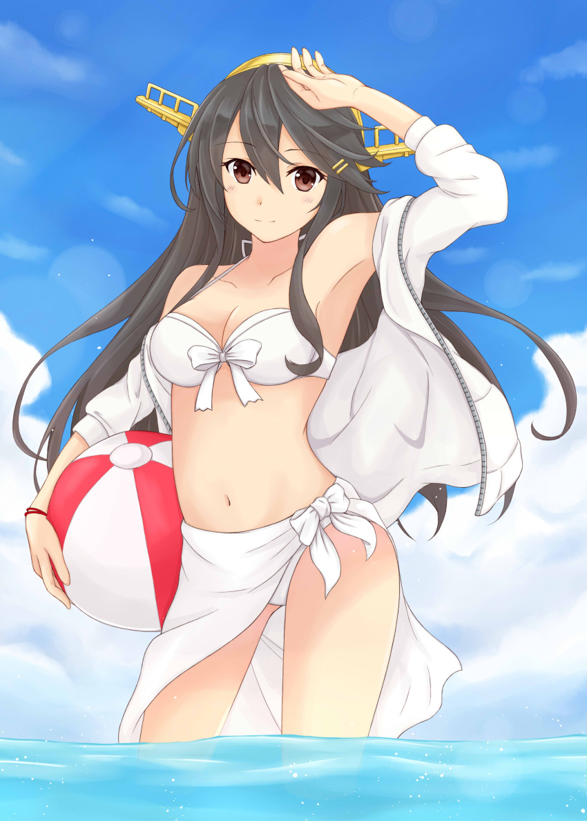 1girl absurdres ball beachball bikini black_hair breasts brown_eyes cleavage clouds cloudy_sky front-tie_top gensoukitan hair_between_eyes hairband haruna_(kantai_collection) highres jacket kantai_collection long_hair looking_at_viewer medium_breasts midriff navel sarong sky smile solo standing standing_on_liquid swimsuit thighs track_jacket white_bikini white_jacket