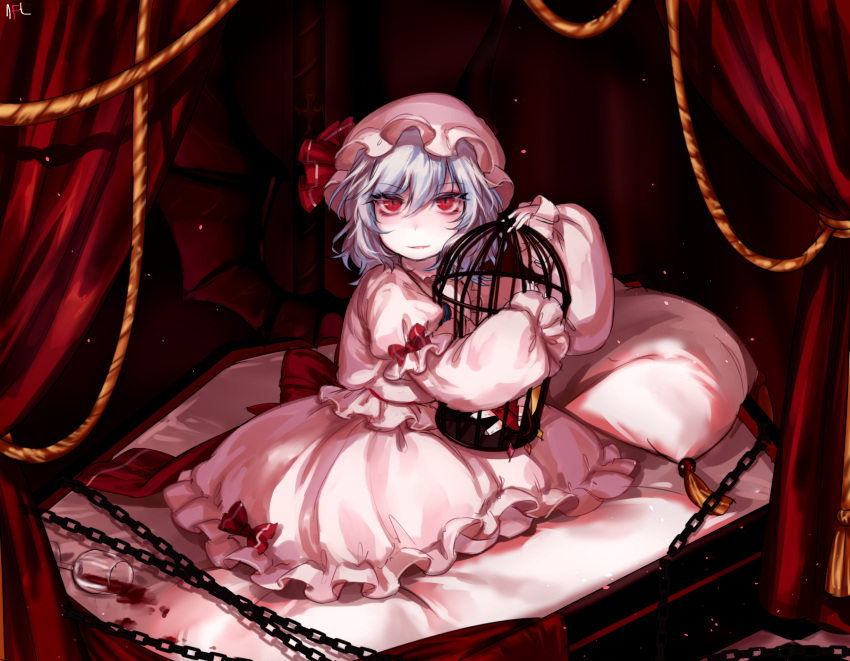 1girl ambiguous_red_liquid bat_wings bed birdcage bow cage canopy_bed chain character_doll cup dress drinking_glass flandre_scarlet full_body hat hat_ribbon highres juliet_sleeves lavender_hair long_sleeves looking_at_viewer mob_cap object_hug on_bed pillow pink_shirt pink_skirt puffy_long_sleeves puffy_sleeves red_bow red_eyes red_ribbon remilia_scarlet ribbon shirt short_hair skirt skirt_set smile solo spilled tis_(shan0x0shan) touhou wine_glass wings