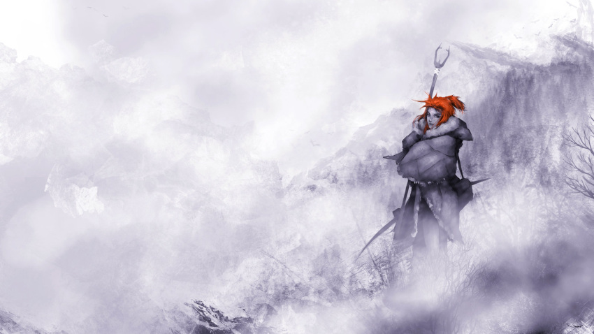 1girl a_song_of_ice_and_fire bow_(weapon) brown_eyes game_of_thrones highres hood hood_down ice monochrome mountain orange_hair polearm ponytail solo spear tree weapon ygritte