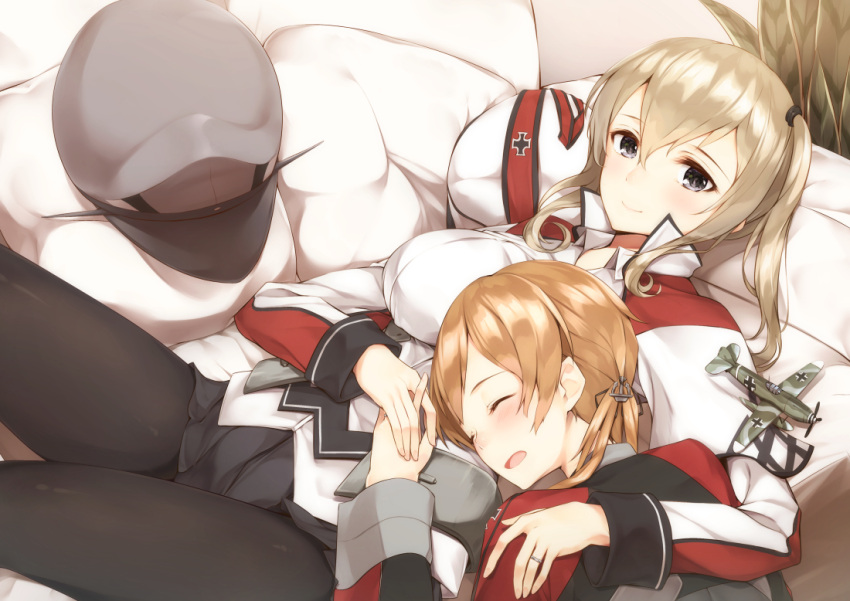2girls aircraft airplane anchor_hair_ornament blonde_hair blush capelet celtic_knot gedou_(shigure_seishin) graf_zeppelin_(kantai_collection) hair_between_eyes hair_ornament hat hat_removed headwear_removed iron_cross jewelry kantai_collection long_hair long_sleeves low_twintails military military_uniform multiple_girls peaked_cap prinz_eugen_(kantai_collection) ring sleeping smile twintails uniform wedding_band