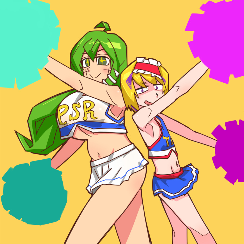 +_+ 2girls ahoge alice_margatroid bangs blonde_hair blue_shirt blue_skin breasts cheerleader closed_mouth clothes_writing colored_skin commentary_request cookie_(touhou) crop_top facepaint feet_out_of_frame flat_chest frilled_hairband frills green_eyes green_hair hairband highres huge_breasts kochiya_sanae long_hair looking_at_viewer midriff miniskirt multiple_girls navel open_mouth parody paseri_(cookie) pom_pom_(cheerleading) red_hairband scotch_(cookie)_(style) shirt short_hair simple_background skirt sleeveless sleeveless_shirt smile style_parody tagechan taisa_(cookie) touhou violet_eyes white_shirt white_skirt yellow_background