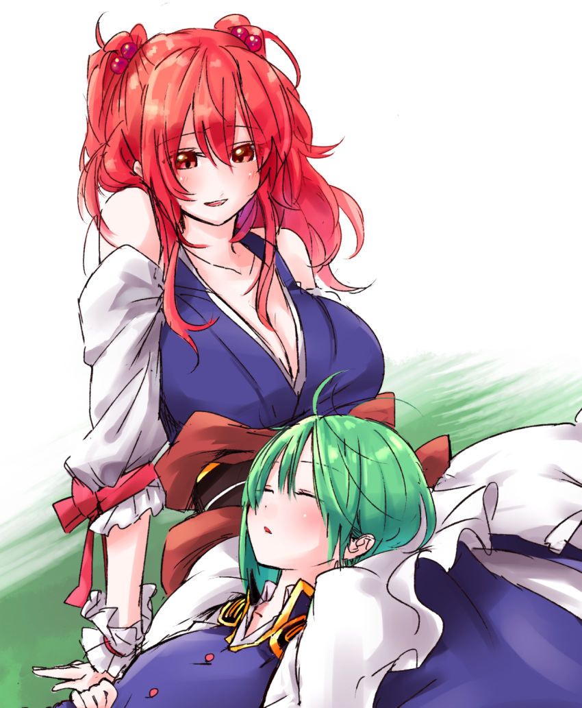 2girls adapted_costume arm_garter arm_support asymmetrical_hair bare_shoulders blue_vest blush breasts cleavage collarbone detached_sleeves green_hair hair_bobbles hair_ornament highres japanese_clothes lap_pillow large_breasts mappe_(778exceed) multiple_girls no_hat obi onozuka_komachi parted_lips red_eyes redhead sash shiki_eiki sleeping sleeping_on_person smile touhou two_side_up wrist_cuffs