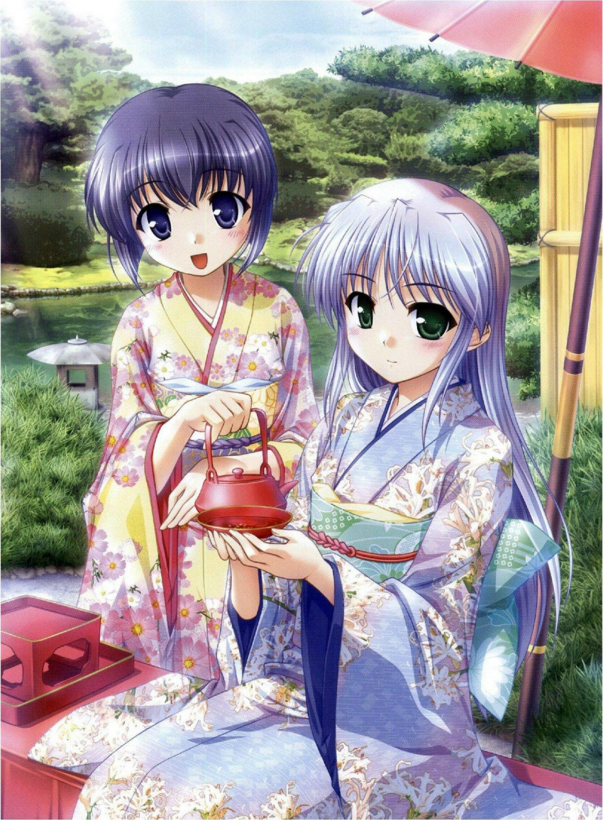 blue_eyes feena_fam_earthlight green_eyes highres japanese_clothes kimono long_hair mia_clementis purple_eyes short_hair teapot violet_eyes yoake_mae_yori_ruri_iro_na