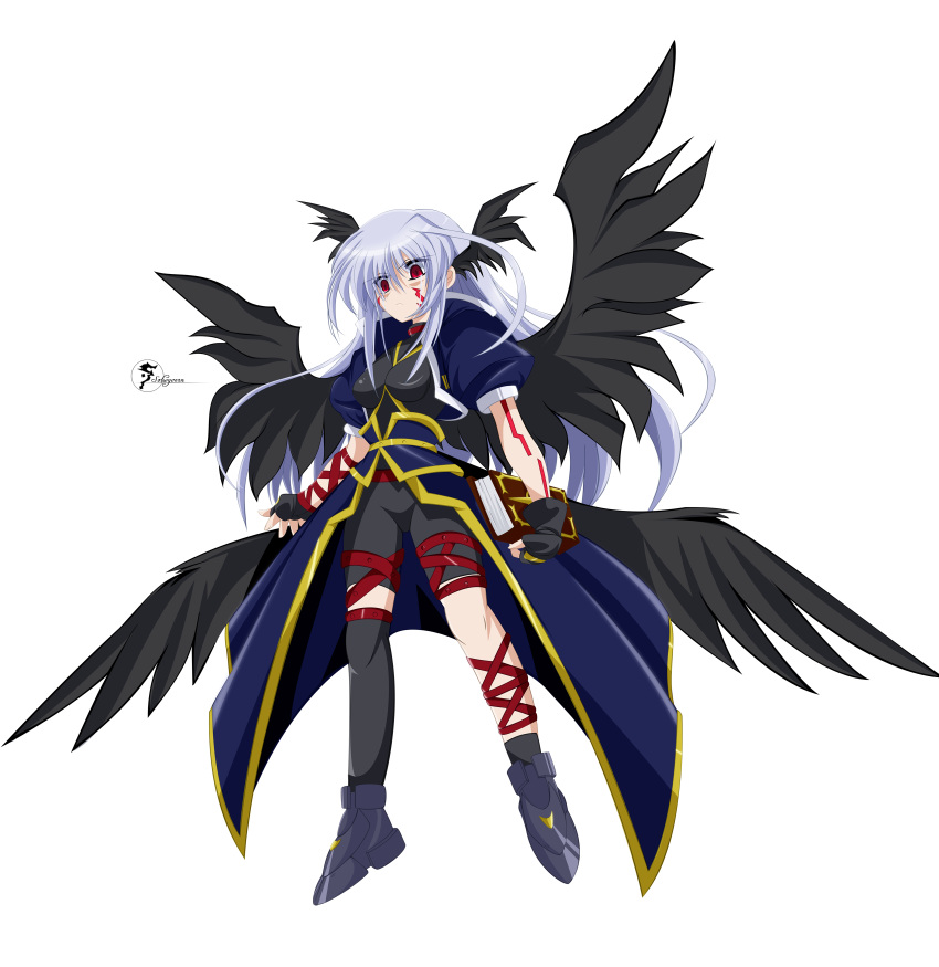 asymmetrical_clothes book facial_mark fingerless_gloves gloves head_wings highres long_hair mahou_shoujo_lyrical_nanoha mahou_shoujo_lyrical_nanoha_a's mahou_shoujo_lyrical_nanoha_a's multiple_wings one_thighhigh red_eyes reinforce silver_hair single_thighhigh thighhighs tome_of_the_night_sky transparent_background vector_trace wings