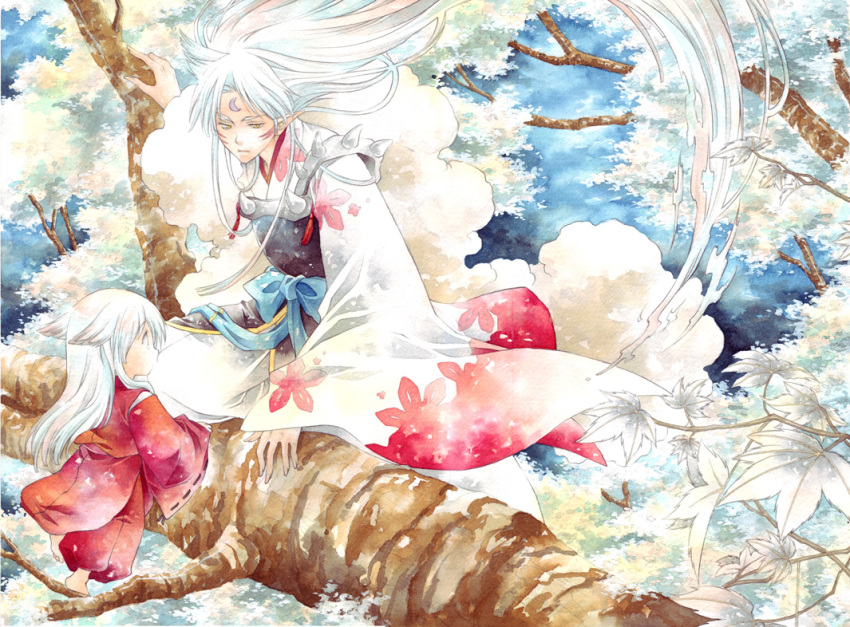 animal_ears brothers child crescent crescent_moon demon dog_ears flower fur inuyasha inuyasha_(character) japanese_clothes kimono long_hair moon multiple_boys obi pointy_ears pui pui_(sakanapuchi) sesshoumaru siblings traditional_media tree very_long_hair watercolor_(medium) white_hair young