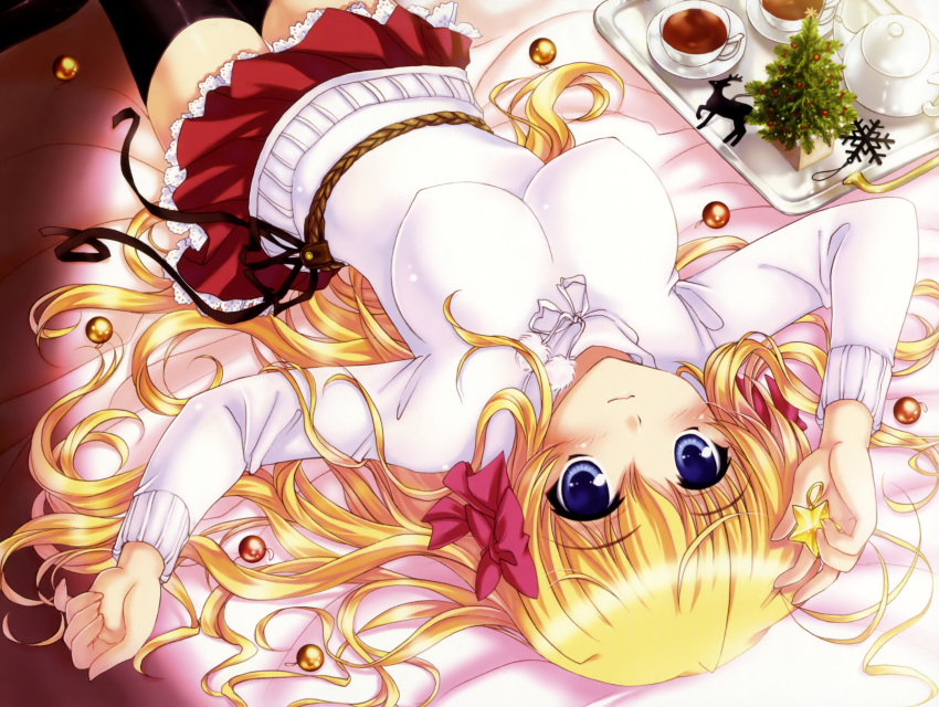 bed bekkankou black_legwear black_thighhighs blonde_hair blue_eyes blush breasts christmas cup erect_nipples fortune_arterial hair_ribbon highres impossible_clothes impossible_shirt impossible_sweater long_hair looking_at_viewer on_back ribbon sendou_erika shirt skirt star sweater thigh-highs thighhighs very_long_hair wavy_mouth zettai_ryouiki