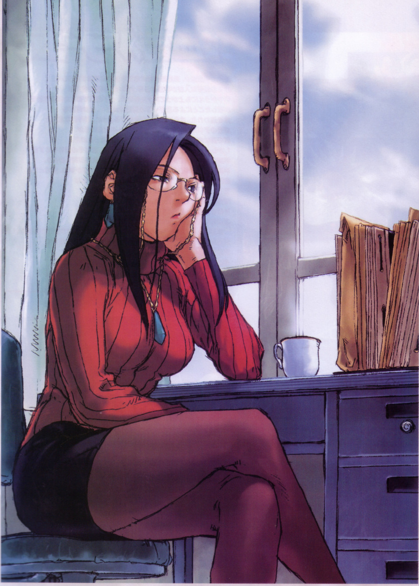 1girl black_hair bored breasts capcom crossed_legs desk edayan glasses highres justice_gakuen minazuki_kyouko official_art pantyhose ribbed_sweater rival_schools shiritsu_justice_gakuen sitting skirt solo sweater