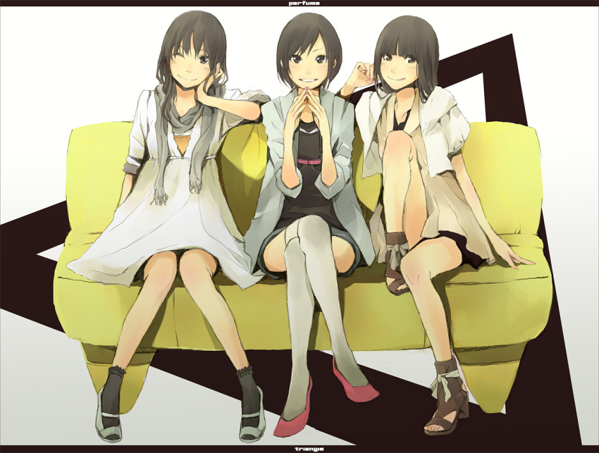 3girls :p :q a~chan belt blush bow buckle casual couch crossed_legs curly_hair dress fingers fringe hair_twirling hairband high_heels hoodie jacket kashiyuka long_hair multiple_girls nocchi nocchi_(perfume) nose open_toe_shoes perfume pocket polka_dot ribbon sandals scarf shoes short_hair shorts sitting sleeves_rolled_up smile socks text thigh-highs thighhighs tongue triangle white_legwear white_thighhighs wink yoshito