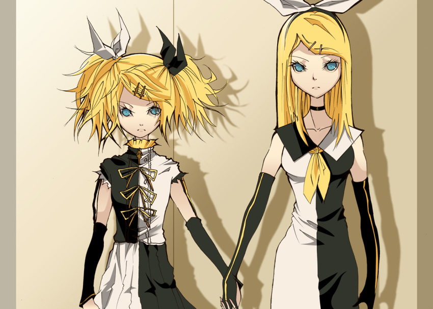 blue_eyes bridget00747 cos detached_sleeves dress dual_persona elbow_gloves gloves hair_ornament hair_ribbon hairclip hand_holding holding_hands kagamine_rin kagamine_rin_(roshin_yuukai/hard_rkmix) long_hair meltdown meltdown_(vocaloid) ribbon roshin_yuukai_(vocaloid) sailor_dress twintails vocaloid