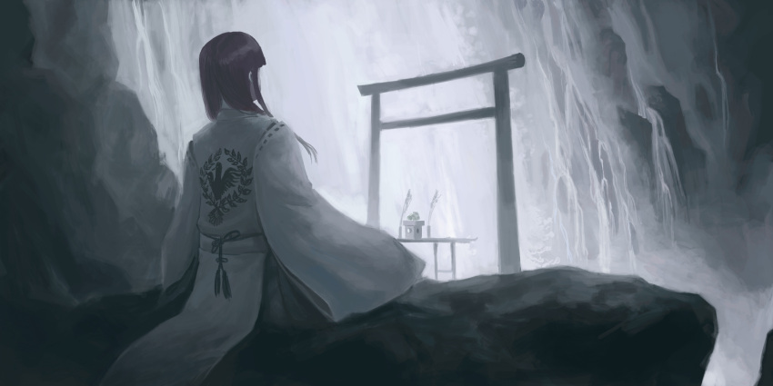 hiraoka_masamune japanese_clothes long_hair miko mountain original purple_hair shrine torii water waterfall