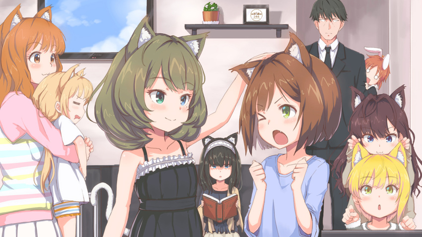 1boy abe_nana animal_ears black_hair blonde_hair blue_eyes blush book brown_hair cat_ears cat_tail empty_eyes formal futaba_anzu green_eyes heterochromia ichinose_shiki idolmaster idolmaster_cinderella_girls kemonomimi_mode long_hair low_twintails maekawa_miku maru_(maru1625) miyamoto_frederica mole mole_under_eye moroboshi_kirari necktie one_eye_closed open_mouth petting producer_(idolmaster_cinderella_girls_anime) rabbit_ears sagisawa_fumika short_hair smile suit tail takagaki_kaede twintails