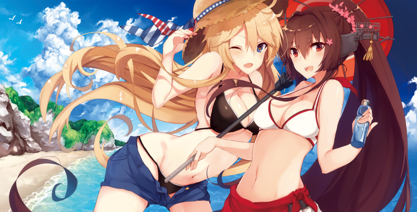 2girls american_flag beach bikini blonde_hair breasts brown_hair cherry_blossoms cleavage clouds cloudy_sky hat headgear highres iowa_(kantai_collection) kantai_collection kinona long_hair multiple_girls navel one_eye_closed open_mouth oriental_umbrella ponytail ramune sarong shorts sky star star-shaped_pupils straw_hat swimsuit symbol-shaped_pupils umbrella yamato_(kantai_collection)