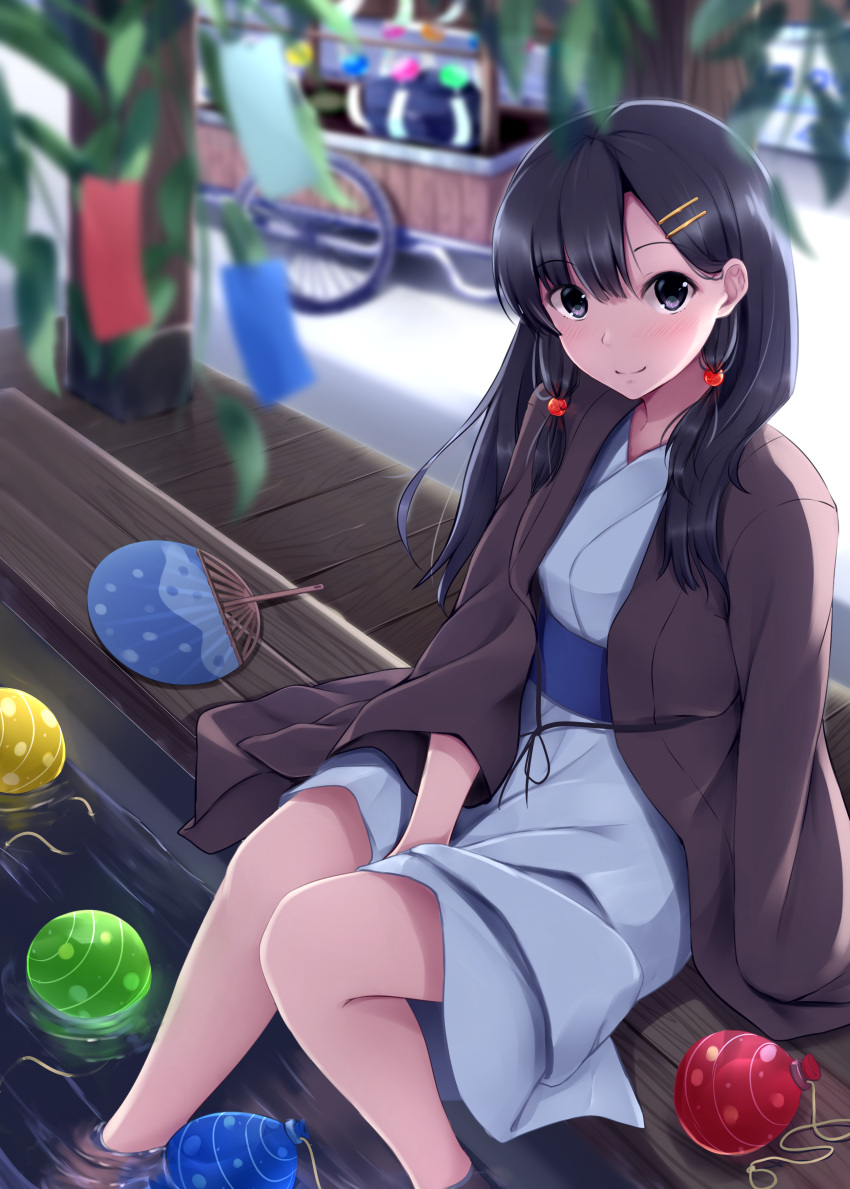 1girl absurdres black_eyes black_hair cart hair_ornament hairpin highres japanese_clothes long_hair looking_at_viewer nicoby partially_submerged solo tree water wide_sleeves