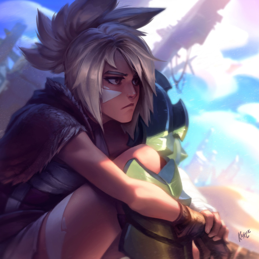 1girl :&lt; artist_name brown_hair closed_mouth day facepaint from_side highres kienan_lafferty league_of_legends leg_hug nose outdoors riven_(league_of_legends) short_hair silver_hair sitting solo spiky_hair