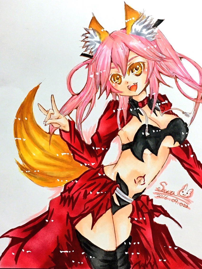 1girl animal_ears artist_name artist_request breasts caster_(fate/extra) cleavage dated fang fate/extra fate/grand_order fate_(series) fox_ears fox_tail hair_ribbon highres large_breasts marker_(medium) midriff navel open_mouth pink_hair ribbon simple_background solo tail traditional_media twintails white_background yellow_eyes