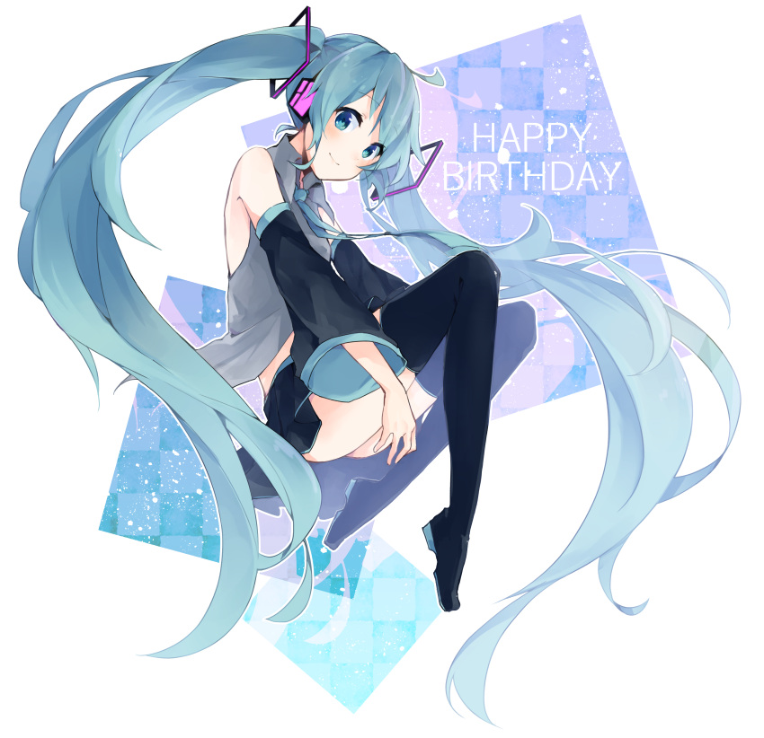 1girl absurdres aqua_eyes aqua_hair boots detached_sleeves happy_birthday hatsune_miku highres long_hair looking_at_viewer necktie skirt smile solo thigh-highs thigh_boots twintails very_long_hair vocaloid