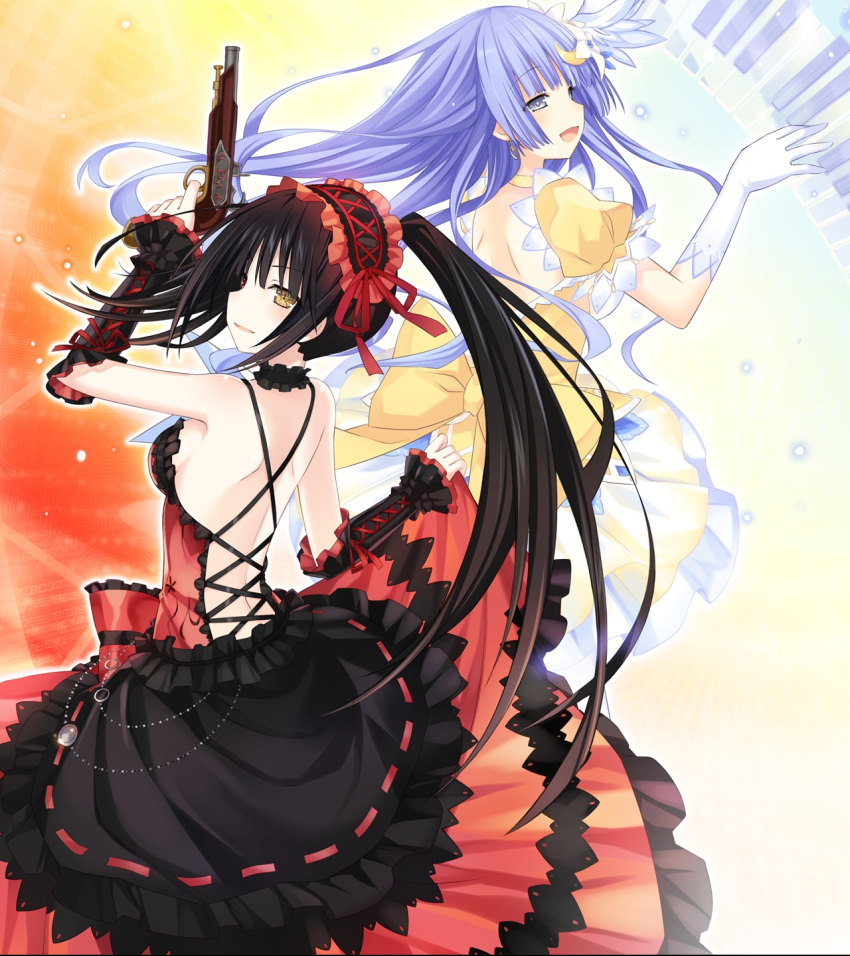 blue_hair choker date_a_live dress earrings elbow_gloves frilled_dress frills gloves gun hair_ornament hairband heterochromia highres holding holding_weapon izayoi_miku jewelry lolita_hairband looking_at_viewer looking_back open_mouth simple_background smile tokisaki_kurumi weapon white_gloves