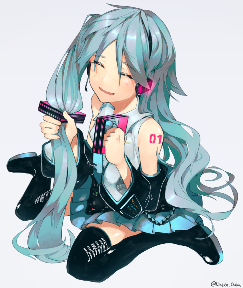 1girl adjusting_hair bare_shoulders black_boots blue_hair blue_necktie blue_skirt boots closed_eyes detached_sleeves facing_viewer grey_shirt hair_ribbon hatsune_miku headphones headset highres holding holding_hair long_hair necktie pleated_skirt ribbon saida_3tsuya shirt shoulder_tattoo silver_background sitting skirt smile solo thigh-highs thigh_boots twitter_username very_long_hair vocaloid wariza wide_sleeves