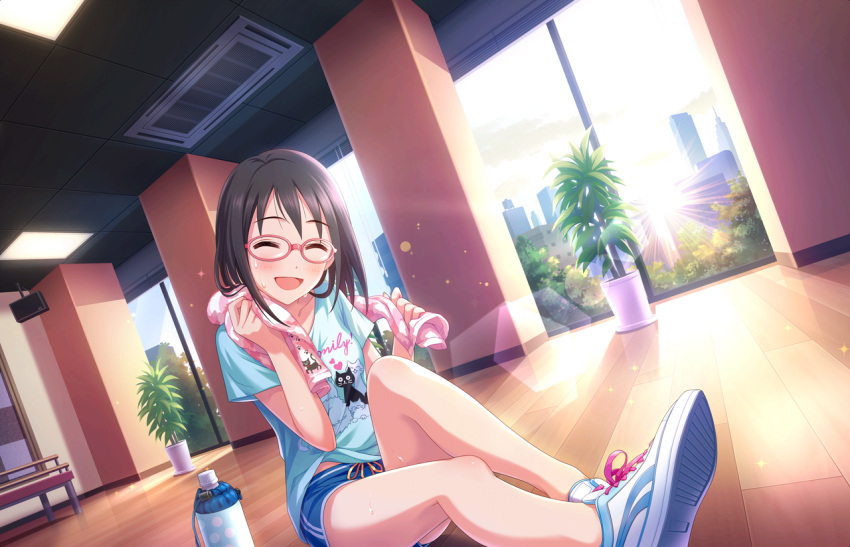 1girl ^_^ artist_request bangs black_hair blush bottle closed_eyes glasses gym_shorts hot idolmaster idolmaster_cinderella_girls idolmaster_cinderella_girls_starlight_stage kamijou_haruna legs official_art open_mouth pink-framed_eyewear plant shoes short_hair shorts sitting smile sneakers solo sweat sweating towel water_bottle wiping_sweat wooden_floor