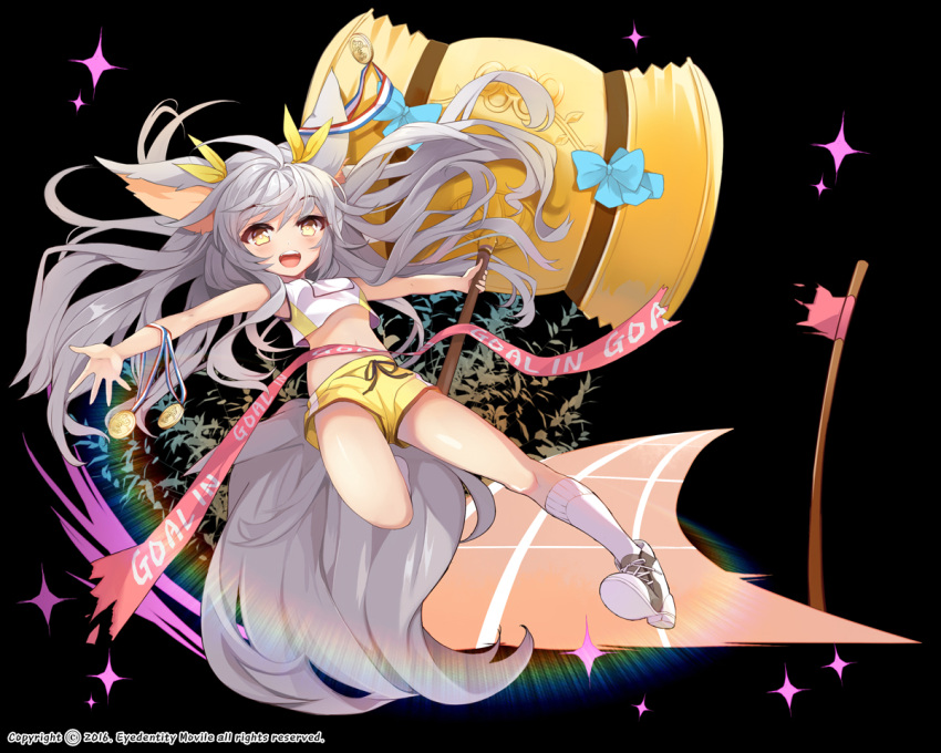 1girl animal_ears boots brown_eyes huge_weapon kneehighs long_hair mallet medal midriff navel open_mouth original outstretched_arms ribbon shirt short_shorts shorts silver_hair sleeveless smile solo tail togo_(pixiv6587511) track_uniform very_long_hair weapon wolf_ears