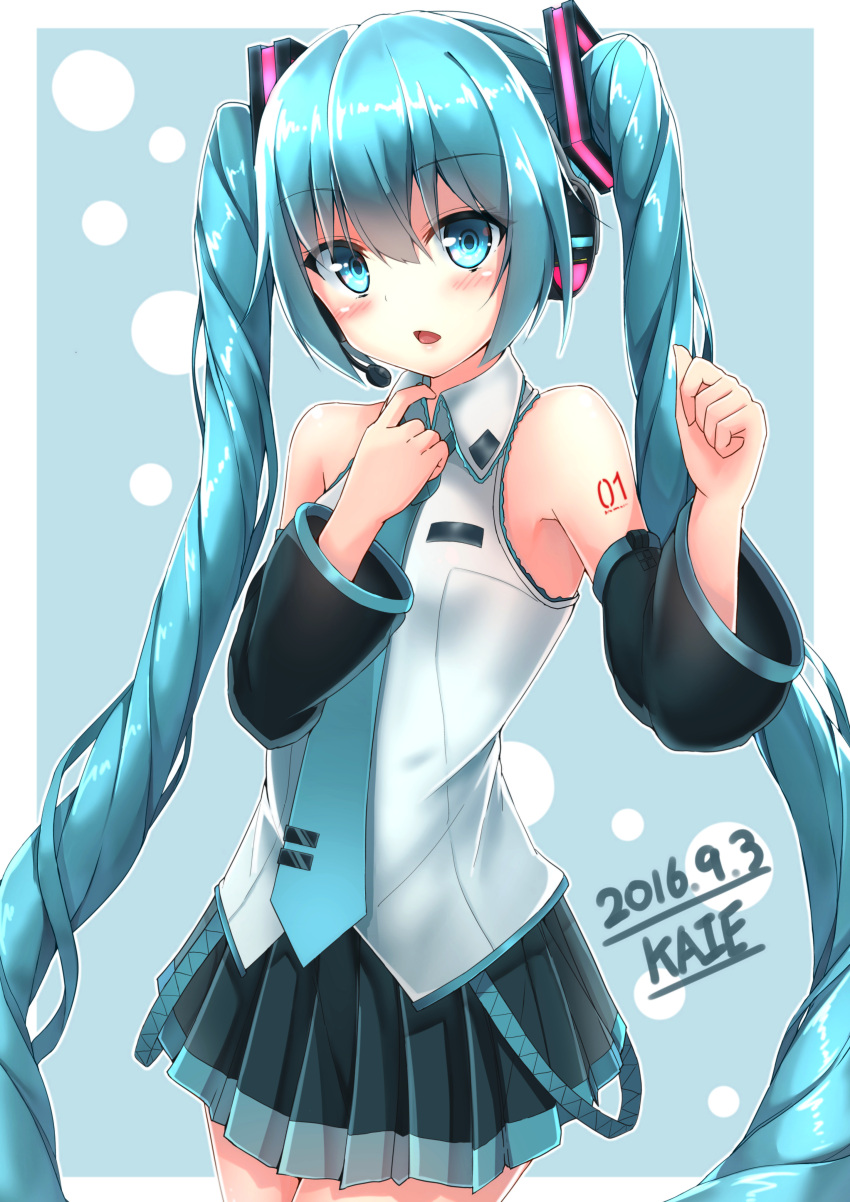 1girl 2016 absurdres aqua_eyes aqua_hair artist_name dated detached_sleeves hatsune_miku headset highres kaieee long_hair looking_at_viewer necktie open_mouth skirt solo twintails very_long_hair vocaloid