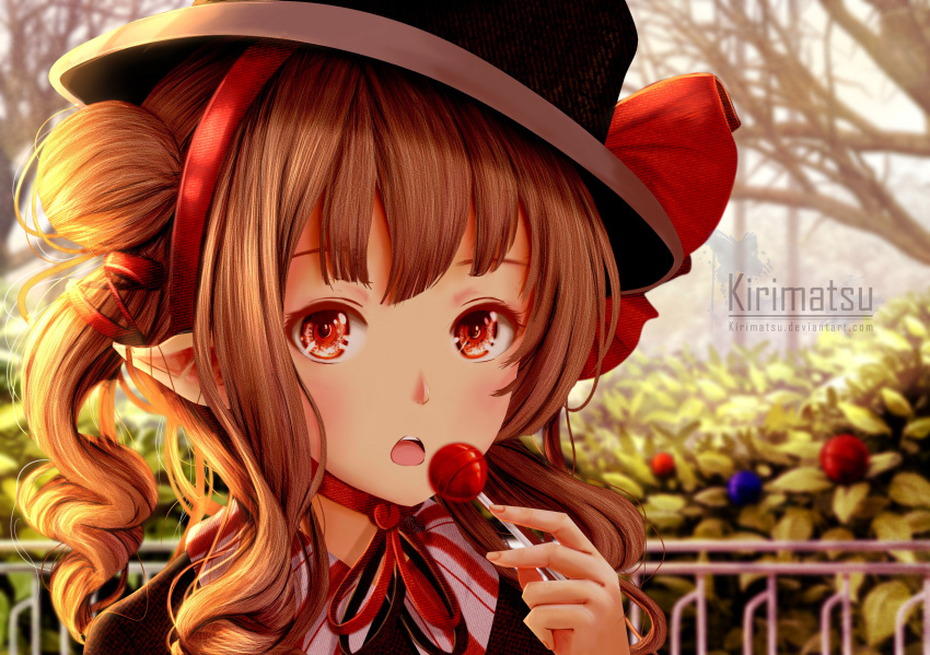 1girl :o artist_name bare_tree black_hat blush brown_hair bush candy choker day fence food hat highres holding holding_food kirimatsu lollipop looking_at_viewer open_mouth original outdoors park plant pointy_ears red_eyes red_ribbon ribbon ribbon_choker solo sunlight sweets top_hat tree upper_body watermark wavy_hair web_address