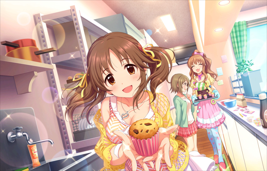 3girls :3 ^_^ artist_request baking bangs bare_shoulders breasts brown_eyes brown_hair cleavage closed_eyes collarbone food gloves idolmaster idolmaster_cinderella_girls idolmaster_cinderella_girls_starlight_stage jewelry kitchen long_hair looking_at_viewer mimura_kanako moroboshi_kirari multiple_girls necklace official_art open_mouth pantyhose plate ponytail short_hair sink skirt slippers smile sparkle sweets totoki_airi twintails window