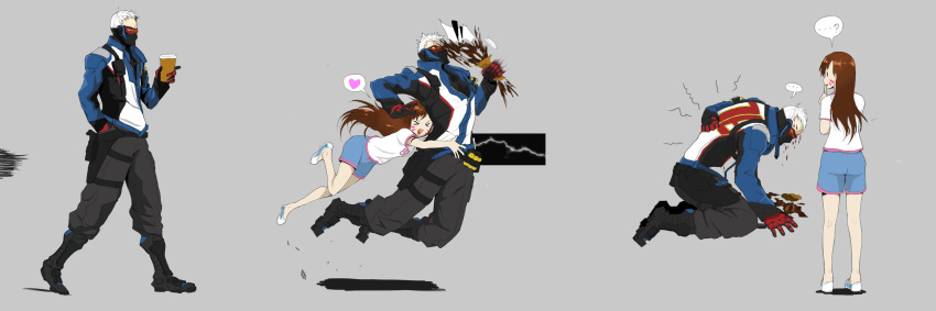 ... 1boy 1girl ? absurdres ammunition_belt belt blue_shorts boots brown_eyes brown_hair bunny_print clenched_hand coffee coffee_cup covered_mouth cup d.va_(overwatch) drinking_cup face_mask facepaint facial_mark finger_to_mouth gloves hand_in_pocket hand_on_back heart highres holding holding_cup holster hug hug_from_behind jacket knee_boots kneeling long_hair long_sleeves mask open_mouth overwatch pants red_gloves scar scar_across_eye shirt shoes short_hair short_sleeves shorts soldier:_76_(overwatch) spoken_heart startled tackle thigh_holster thigh_strap visor walking whisker_markings white_hair