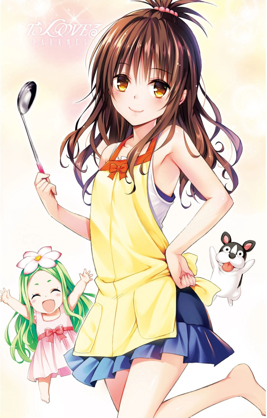 2girls :d \o/ ^_^ apron arms_up bare_shoulders brown_eyes brown_hair celine closed_eyes copyright_name dog flower flower_on_head green_hair hair_bobbles hair_ornament hand_on_hip highres ladle long_hair looking_at_viewer marron_(to_love-ru) multiple_girls open_mouth outstretched_arms smile to_love-ru to_love-ru_darkness yabuki_kentarou yellow_apron yuuki_mikan