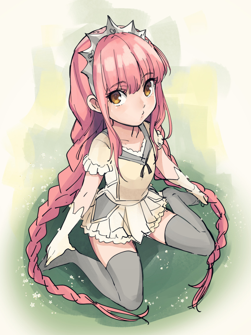 1girl black_legwear braid brown_eyes crown fate/grand_order fate_(series) gloves highres long_hair looking_at_viewer medb_(fate/grand_order) pink_hair pleated_skirt shimo_(s_kaminaka) sitting skirt solo thigh-highs twin_braids very_long_hair wariza white_gloves yellow_eyes younger