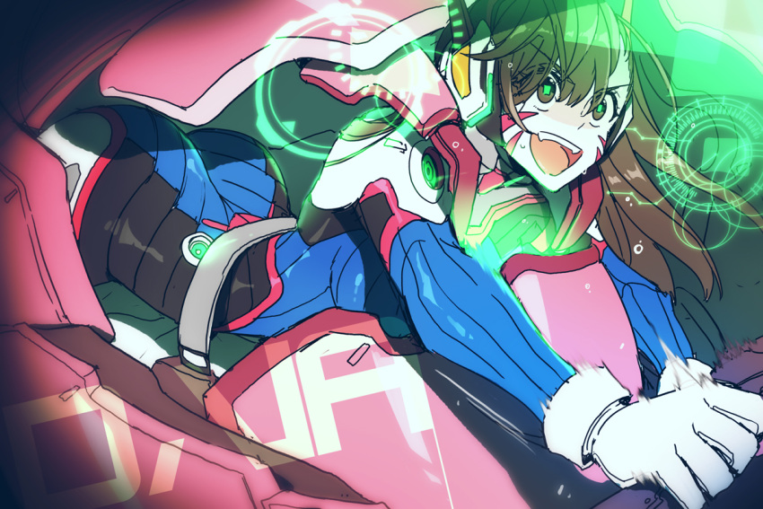 1girl ass bangs bodysuit bracer breasts brown_eyes brown_hair character_name d.va_(overwatch) eyebrows eyebrows_visible_through_hair facepaint facial_mark fangs gloves glowing glowing_eyes headphones holographic_interface long_hair long_sleeves lying mecha medium_breasts meka_(overwatch) on_stomach open_mouth overwatch pauldrons pilot_suit ribbed_bodysuit safety_belt shoulder_pads skin_tight smile solo teeth turtleneck whisker_markings white_gloves