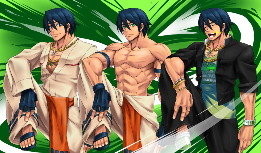 3boys abs blue_hair bracelet closed_eyes fingerless_gloves gloves green_eyes iwa-saka jewelry multiple_boys multiple_persona necklace open_mouth pepe_rodriguez rage_of_the_dragons sandals shirtless sparkle teeth