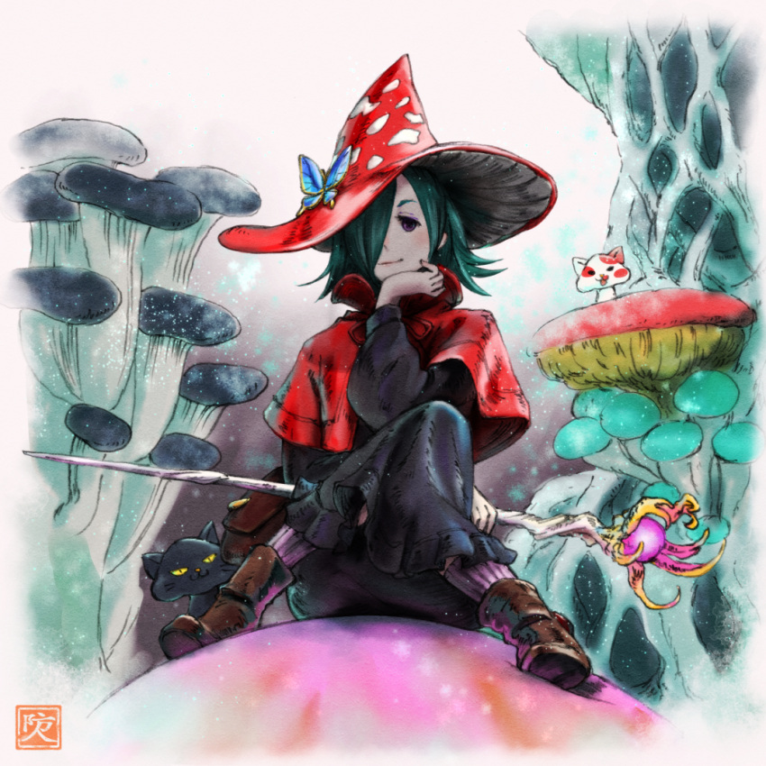 1girl black_cat black_dress boots brown_boots butterfly capelet cat character_request commentary_request copyright_request crossed_legs dress green_eyes hair_over_one_eye hand_on_own_chin hand_rest hat long_sleeves mushroom mushroom_hat purple_legwear red_cape red_hat sakimori_uta sitting socks staff violet_eyes witch witch_hat