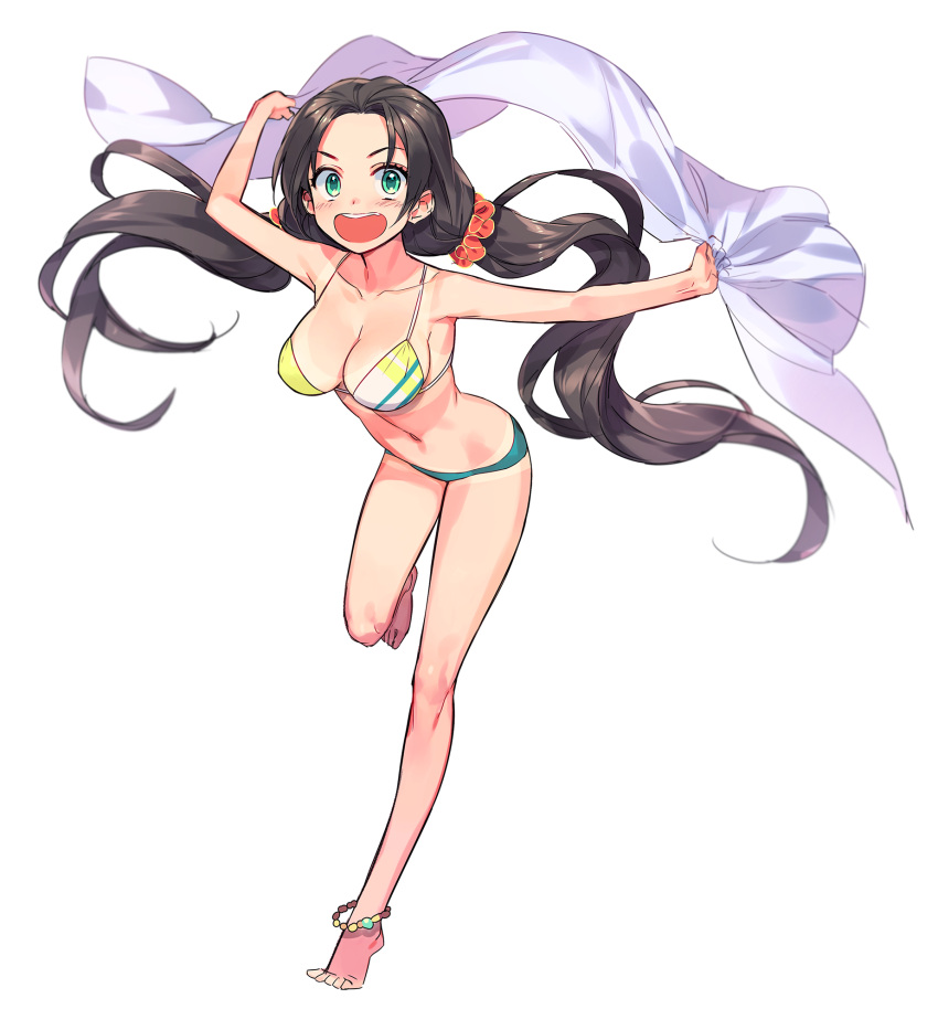 1girl :d anklet bangs bare_legs barefoot bikini black_hair blush breasts cleavage full_body green_eyes highres jewelry long_hair looking_at_viewer low_twintails mansu navel open_mouth original parted_bangs scrunchie simple_background smile solo swimsuit tan tanline twintails very_long_hair white_background