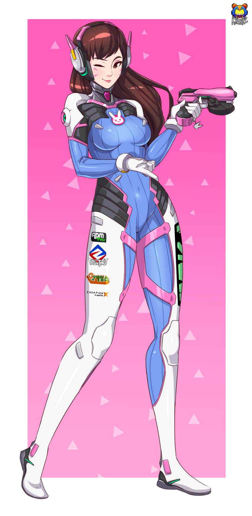1girl ;) absurdres acronym artist_name bangs bodysuit boots bracer breasts breasts_apart brown_eyes brown_hair bunny_print charm_(object) closed_mouth covered_navel d.va_(overwatch) emblem facepaint facial_mark full_body gloves gun hand_up headphones highres kyoffie12 lips logo long_hair long_sleeves medium_breasts one_eye_closed overwatch pauldrons pilot_suit pink_lips ribbed_bodysuit shoulder_pads skin_tight smile solo standing thigh-highs thigh_boots thigh_strap turtleneck weapon whisker_markings white_boots white_gloves