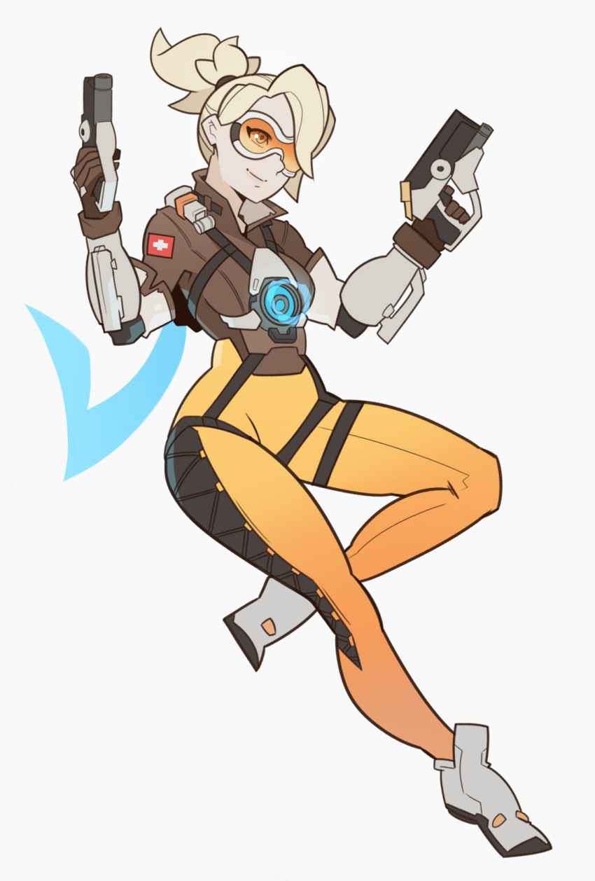 1girl black_gloves blonde_hair bodysuit bomber_jacket commentary cosplay dual_wielding gloves goggles gun handgun harness high_ponytail highres jacket mercy_(overwatch) overwatch ponytail solo splashbrush swiss_flag tracer_(overwatch) tracer_(overwatch)_(cosplay) weapon