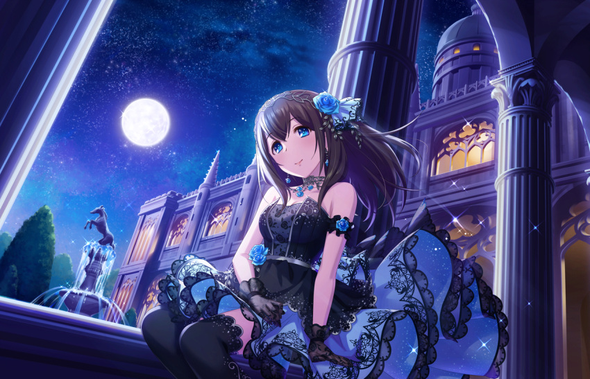 1girl ^_^ artist_request bangs bare_shoulders black_dress blue_eyes blue_rose brown_hair castle closed_eyes collarbone dress earrings flower fountain gloves hair_flower hair_ornament idolmaster idolmaster_cinderella_girls idolmaster_cinderella_girls_starlight_stage jewelry lace light_smile long_hair moon moonlight necklace night night_sky official_art outdoors rose sagisawa_fumika sitting sky solo star_(sky) starry_sky thigh-highs tree