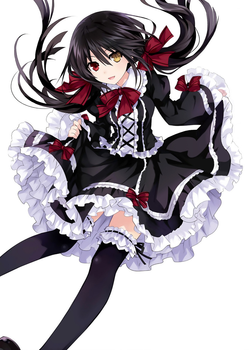 1girl black_hair black_legwear date_a_live detached_sleeves dress heterochromia highres looking_at_viewer open_mouth red_eyes ribbed_dress ribbon simple_background smile solo tokisaki_kurumi twintails white_background