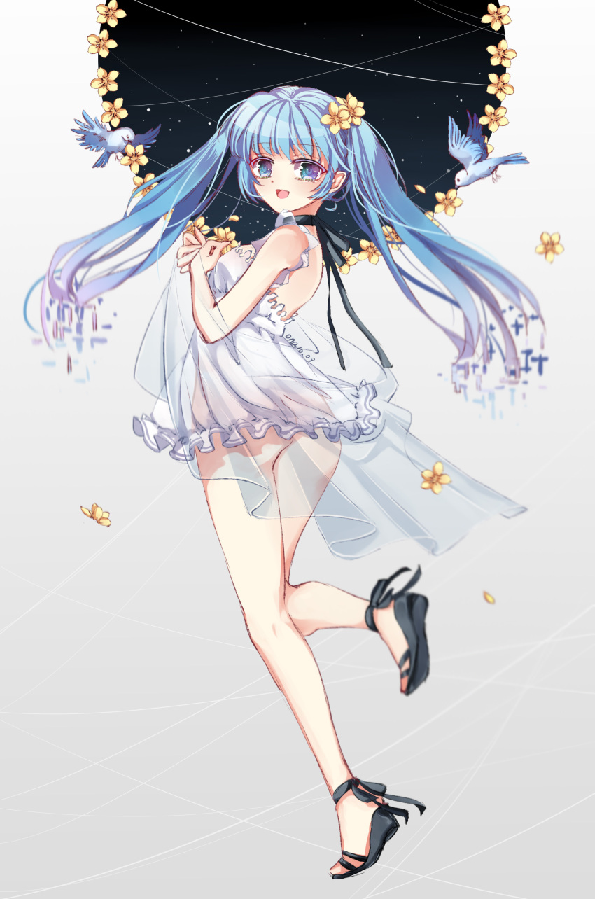 1girl absurdres ass bird blue_eyes blue_hair flower from_behind hair_flower hair_ornament hands_on_own_chest hatsune_miku highres long_hair looking_at_viewer looking_back open_mouth sandals solo twintails vioro vocaloid