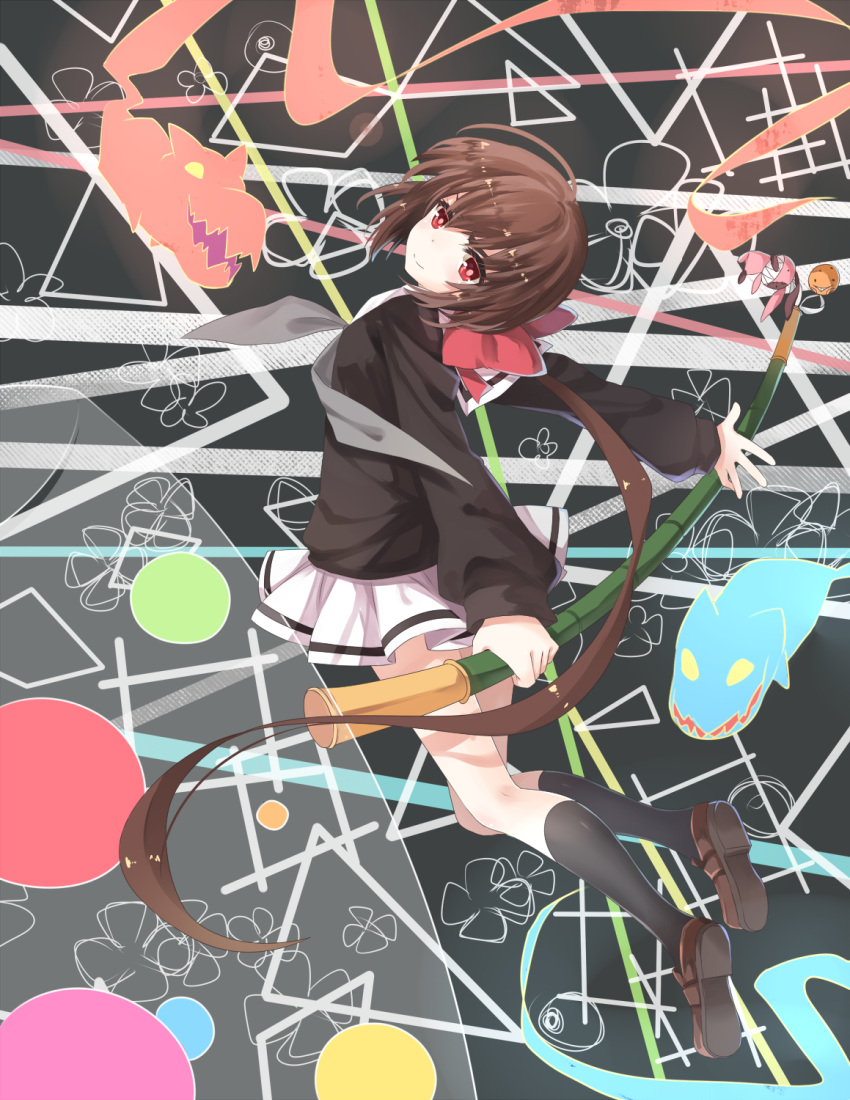 1girl a_(kyousougiga) bamboo black_legwear black_skirt bow brown_hair hair_bow hammer highres kneehighs koto_(kyousougiga) kyousougiga long_hair looking_at_viewer pleated_skirt red_bow red_eyes short_hair skirt smile solo transistor un_(kyousougiga) very_long_hair white_skirt