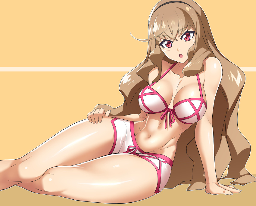 1girl :o absurdres arm_support bikini bnc_(bunshi) breasts brown_hair cleavage front-tie_top hairband hand_on_hip highres long_hair looking_at_viewer mizuki_waka navel open_mouth red_eyes shiny shiny_skin solo swimsuit time_travel_shoujo